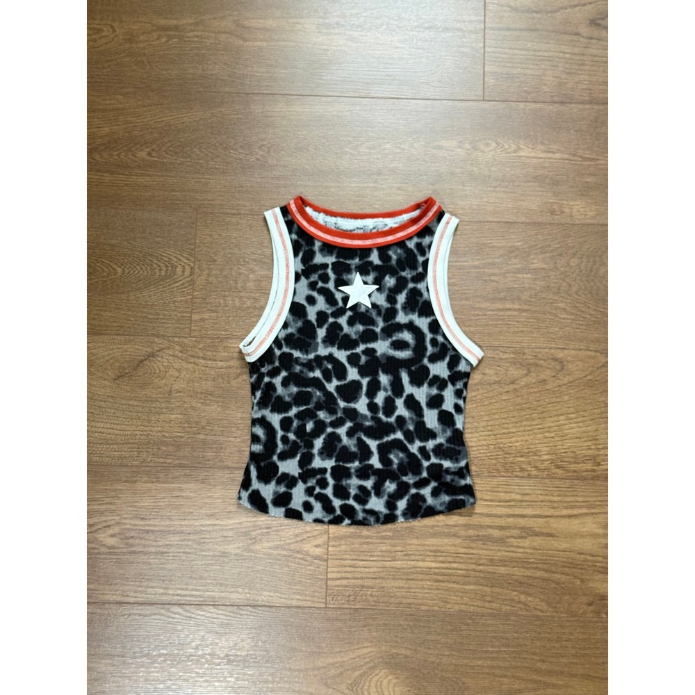 Leopard Print Ringer Tank Top with Star Applique Grey Black Sleeveless Ribbed